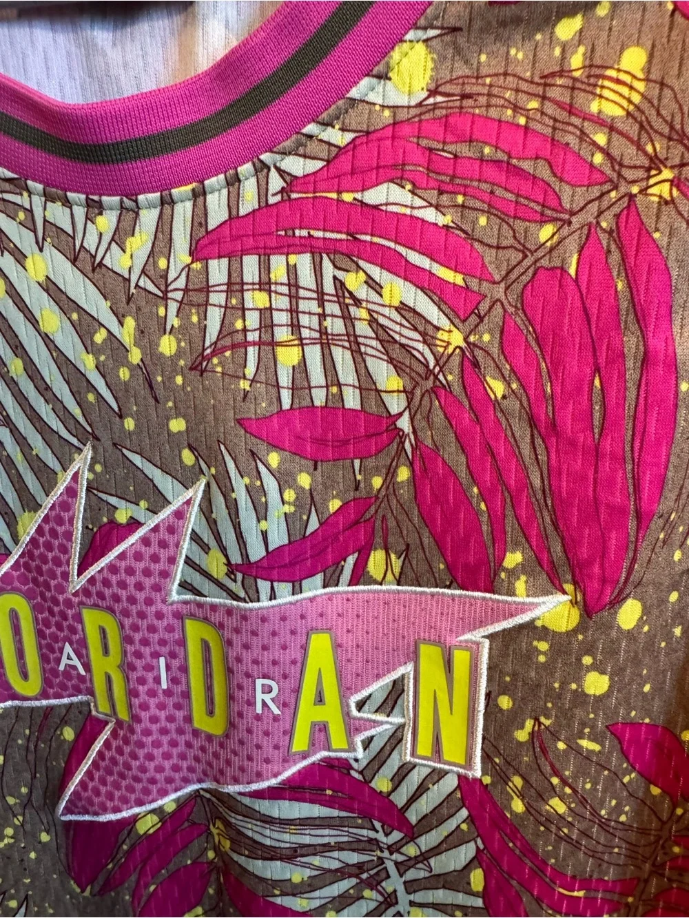 Jordan South Beach Pink Tropical Leaf Sleeveless Jersey with Yellow Accents